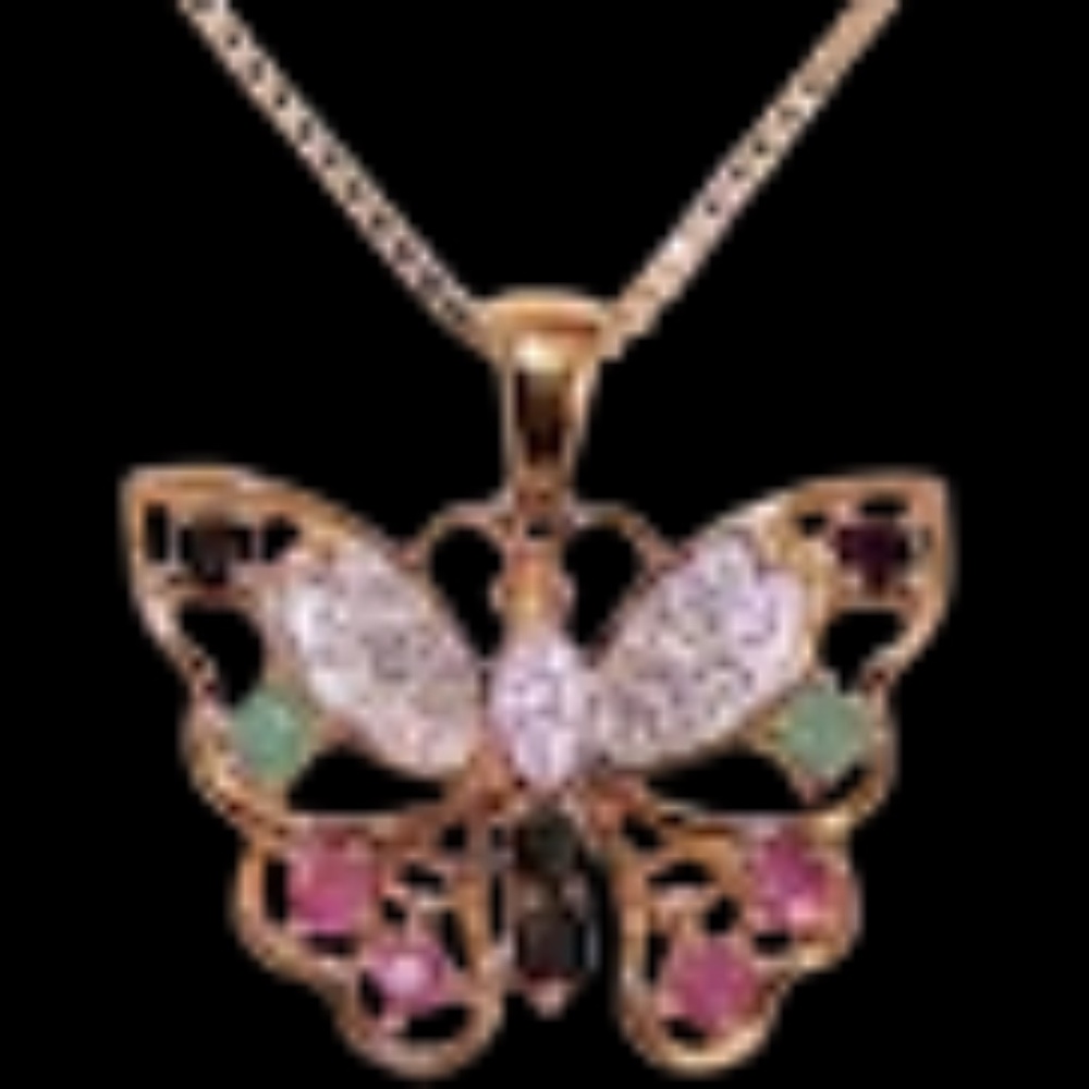 Sterling Silver Vermeil Pendant - Butterfly with .22CT TW Diamonds Emeralds